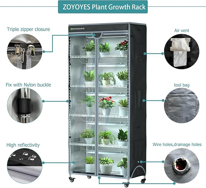 Indoor Greenhouse 6-Tier Plant Stand with Grow Lights, Fully Covered, Thermometer & Timer | 5 Sets T8 Lights, Perfect for Seedlings & Flowering, 30" W x 14" D x 72" H