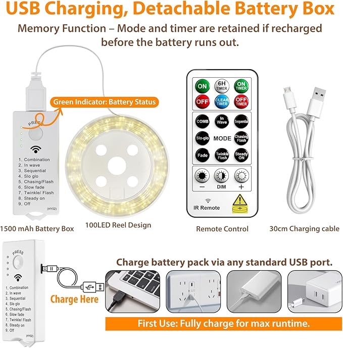 HXWEIYE Rechargeable Fairy Lights with Remote & DIY Timer, 33ft 100LED Battery Operated Twinkle String Lights, 8 Modes Decor Light for Bedroom Indoor Wedding Dorm Christmas Tree Party (Warm White)