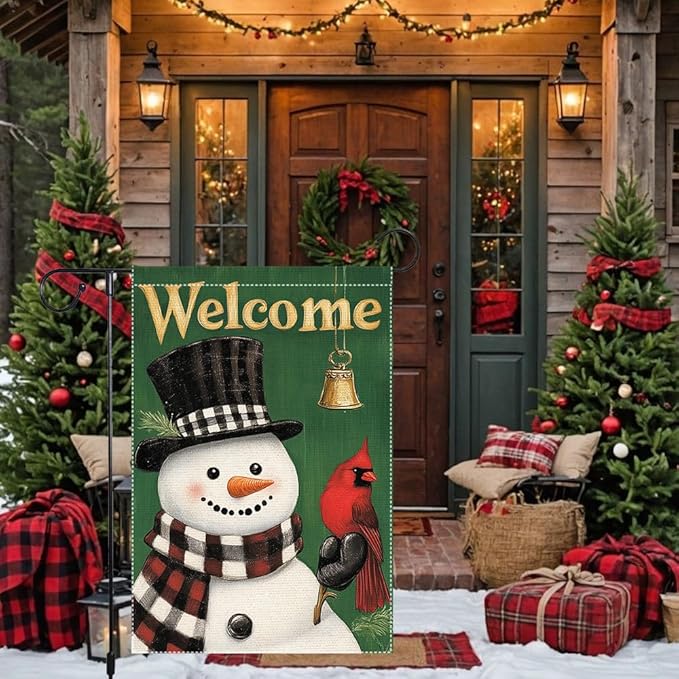 Welcome Snowman Garden Flag Double Sided 12x18 Inch Burlap Winter Outdoor Yard Decoration with Cardinal Bird and Bell Christmas Holiday Decor