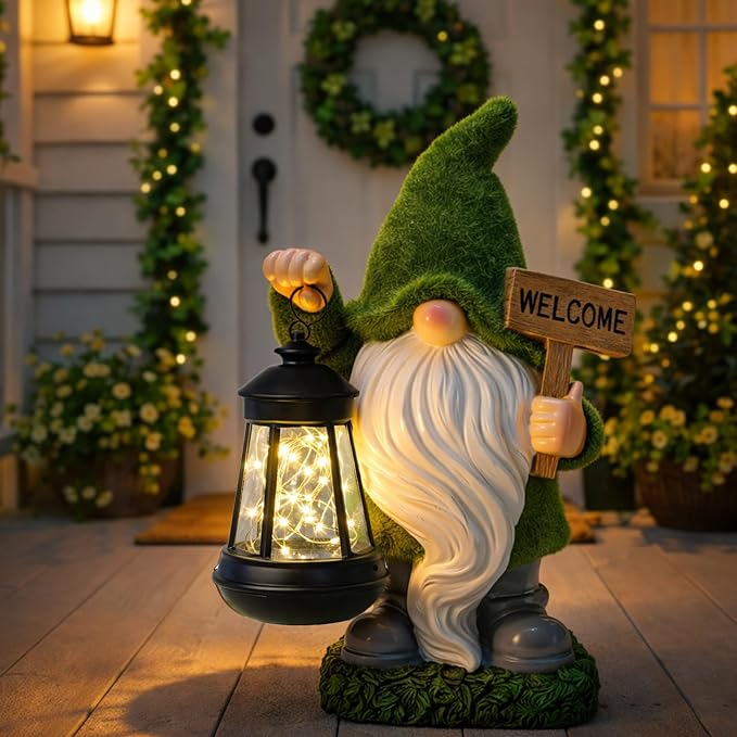 Garden Gnome Statue Solar Light Outdoor Decorations Figurine Welcome Sign with Lantern Sculpture Garden Decor Lawn Patio Yard Porch Outside Housewarming Gifts for Women Mother's Day Grandma