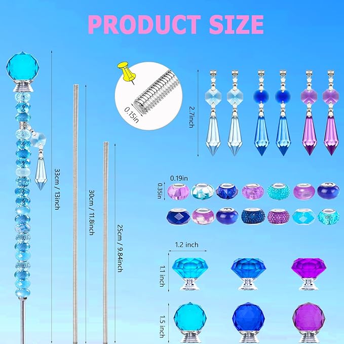 Exway 150 PCS DIY Fairy Wand Beaded Garden Stake Kits with Assortment Large Hole Beads 6 Crystal Stopper Top Threaded Rods and Sparkling Crystal Pendants for Outdoor Indoor Decor