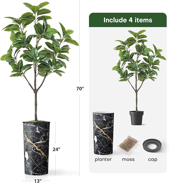 Artificial Tree in Modern Granite Effect Planter, Fake Magnolia Tree for Indoor and Outdoor Home Decoration - 70" Overall Tall (Plant Pot Plus Tree)