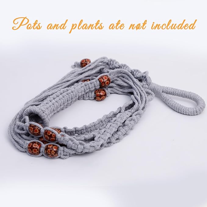 HOREAKHJ 35 Inch Macrame Plant Hanger, Large for up to 15 Inch Pot Extra Long Hanging Planter Holder Basket with Wood Beads for Indoor Outdoor Home Decor (Grey, 2-Pack)