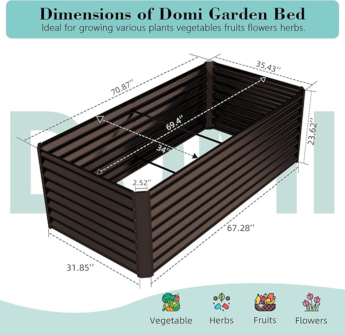 Domi 6×3×2 ft Galvanized Raised Garden Bed, Outdoor Planter Garden Boxes Large Metal Planter Box for Gardening Vegetables Fruits Flowers, Brown