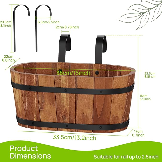Wooden Hanging Planter for Railing Fence Outdoor Planter Railing Planter Boxes for Plants Wall Planters Window Flower Box Hanging Bucket Pots Countryside Plant Holder (Brown,2pcs,Large)