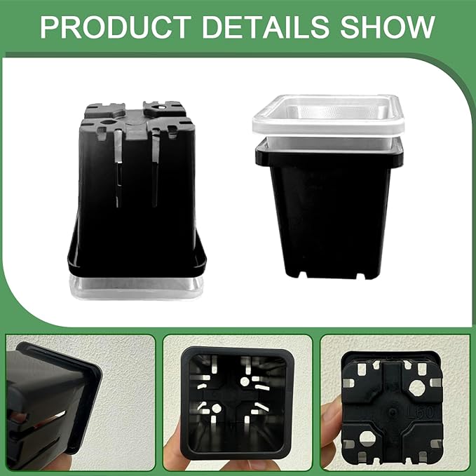 Gyfofix 2 Inch Square Plant Nursery Pots (Black+Clear),50Pcs Seedling Planter Seed Starter Pots,Sturdy Small Plastic Pots with Drainage Holes