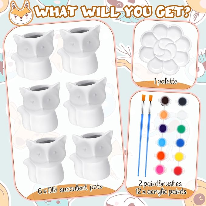 Pasimy 6 Set Ceramics to Paint DIY Ceramic Succulent Planter Pots Paint Your Own Flower Pots Craft Kit Unpainted Bisque Flowerpot with Brush Palette for Family Activity Holiday Gifts(Fox)
