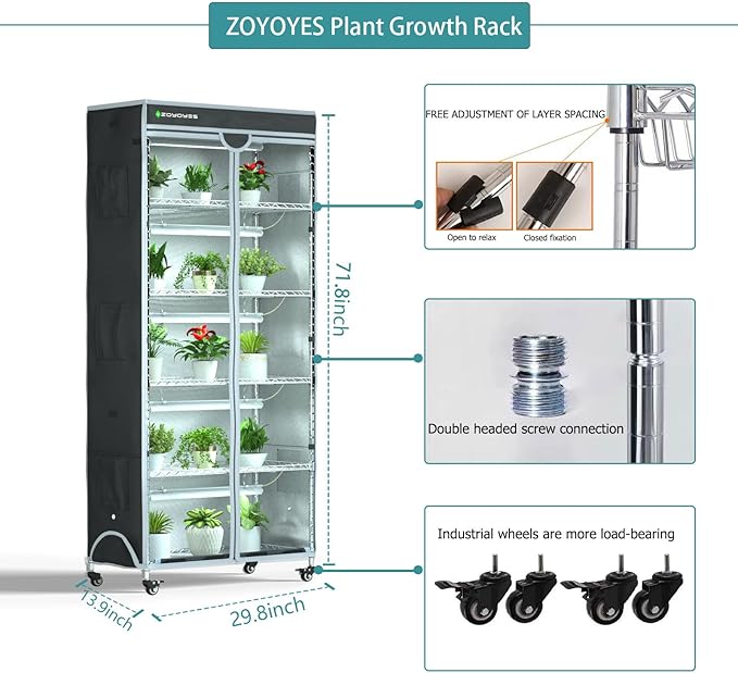 Indoor Greenhouse 6-Tier Plant Rack with Cover, 5 T8 Grow Lights, Thermometer & Timer – Seedlings, Flowering, Herbs & Vegetables, Indoor Gardening, Easy Assembly 30" W x 14" D x 72" H