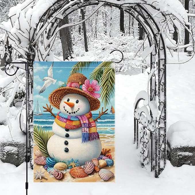 Tropical Christmas Snowman Garden Flag 12x18 Inch Double Sided Burlap Beach Holiday Yard Decor Summer Santa Outdoor Winter House Banner for Patio Porch Lawn Seaside