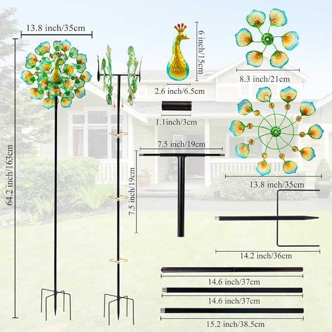 VEWOSTAR Peacock Wind Spinners Outdoor,13” Metal Wind Spinner Garden Pinwheels,360°Peacock Wind Sculptures & Spinners,Kinetic Wind Spinners for Yard and Garden(13.8”W X 64.2”H)