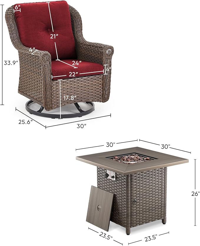 Outdoor Patio Swivel Gliders with Fire Pit Table 5 Piece Set - High Back Brown Wicker Rattan Rocking Chair with Thick Cushion for Porch Apartment Deck Yard Poolside Garden - Red