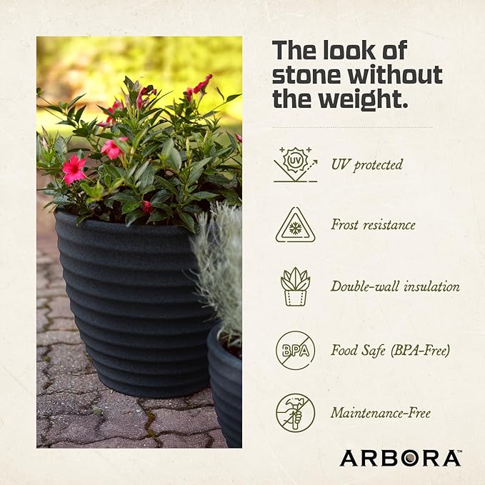 ARBORA 13" Ibiza Polyresin Indoor and Outdoor Planter with Classic Black Finish - Durable, Weatherproof, Lightweight, Large Plant Pot for Patio, Garden, Deck, Entryway - 2 Pack