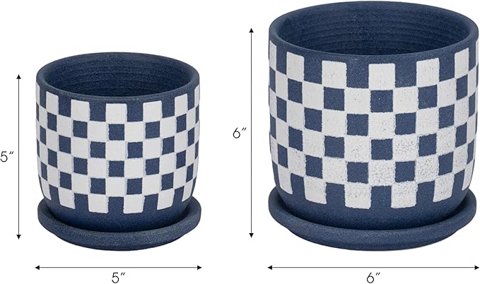 Ceramic Planters Set – Planters with Drainage for Healthy Roots, Indoor Planter and Patio Decor Placement, Checkered Design Accent for Modern Outdoor Home Decor – 6" and 5", Blue and White