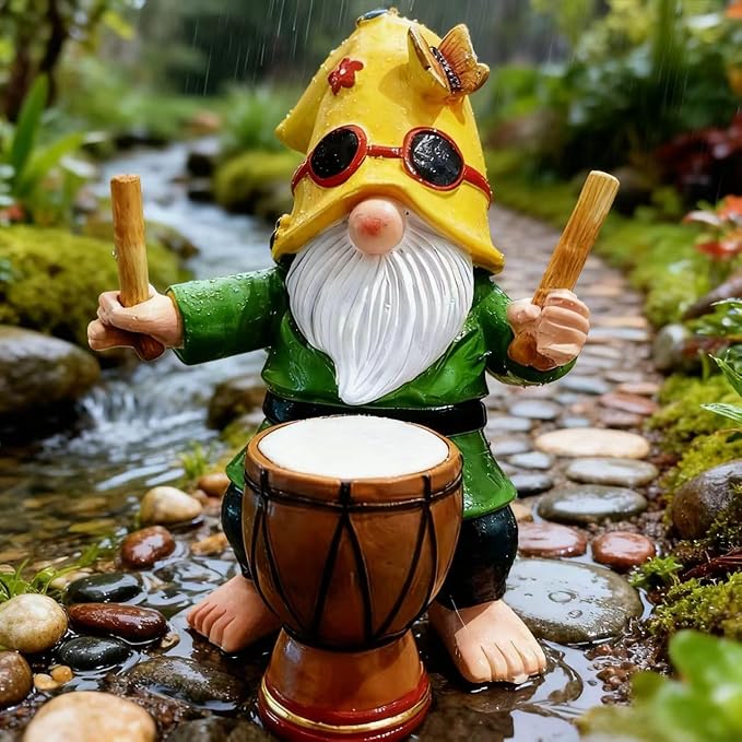 Garden Gnome Outdoor Decorative Statue, Yellow Hat with Sunglasses, Green Outfit, Drummer Design for Patio and Lawn Decor