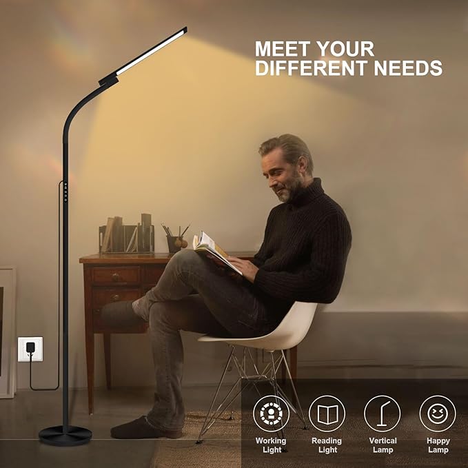 Sozapooty Happy Lamp,10000 Lux Sun Light, Floor Daylight Lamp with Remote & Touch Control & Adjustable Gooseneck for Reading/Office/Home (Black)