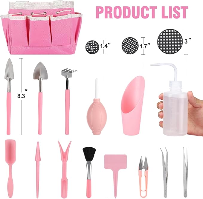 4pcs Small Gardening Tools Gifts for Women Beginners - Garden Hand Tools Set for Indoor Succulent Bonsai Plants Transplanting, Included Bag/Repotting Mat/Shovel/Labels, Pink