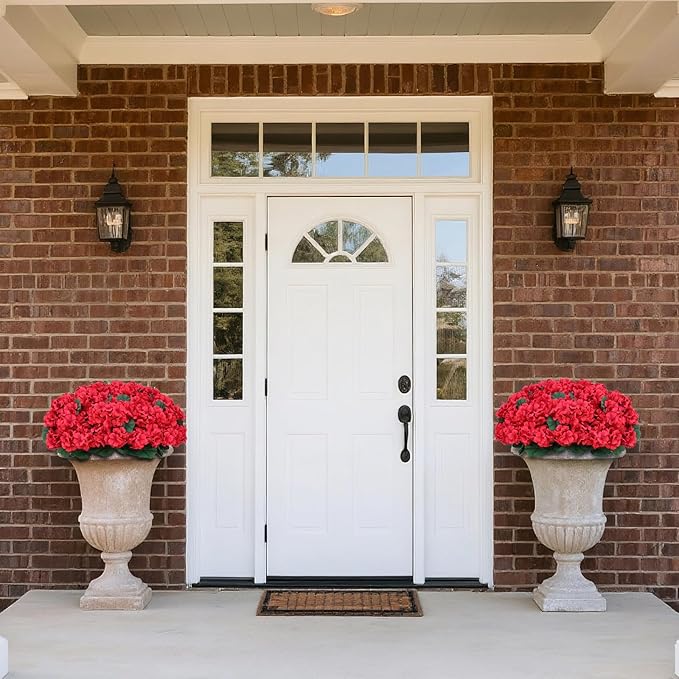 Juxdp 18" Artificial Geraniums Topiary for Front Porch Decor,Faux Silk Flowers Bushes UV Resistant Potted Plants for Outdoor Indoor Door Offices Garden Farmhouse Home Decor (Red)