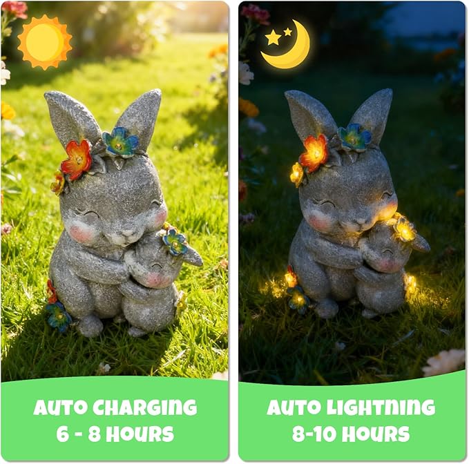 Komothala Solar Garden Statue Light, Resin Rabbit Figurine with Flowers Outdoor Decor for Patio, Lawn, Yard, Housewarming Birthday Gifts Gift for Bunny Lovers, Mom, Grandma, Women (Grey Rabbit)