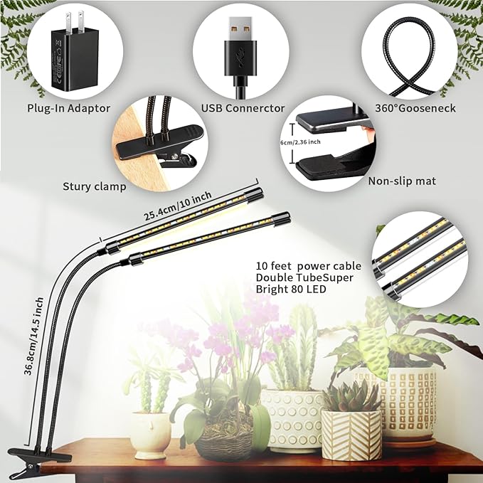 LPMZMBL Full Spectrum LED Grow Light for Indoor Plants, 2 Heads Grow Lights for Seed Starting, 10 Dimmable Levels & 3 Timer Modes (3/9/12H), Adjustable 360° Gooseneck with Clip, Plant Grow Lights