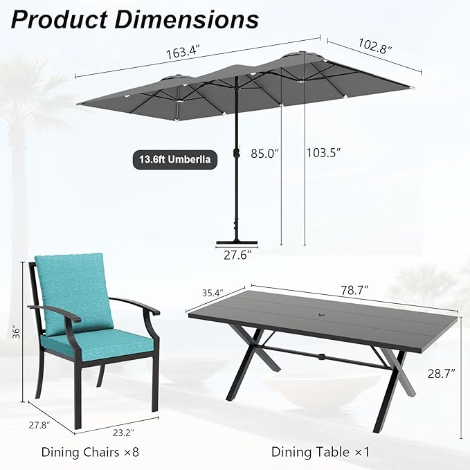 10 Pieces Patio Dining Set,Metal Outdoor Furniture Set Includes 13.6FT Grey Umbrella,Hole Cut-Out 78.7" x 35.4" Table and 8 Metal Backrest Chairs for Backyard,Garden,Blue