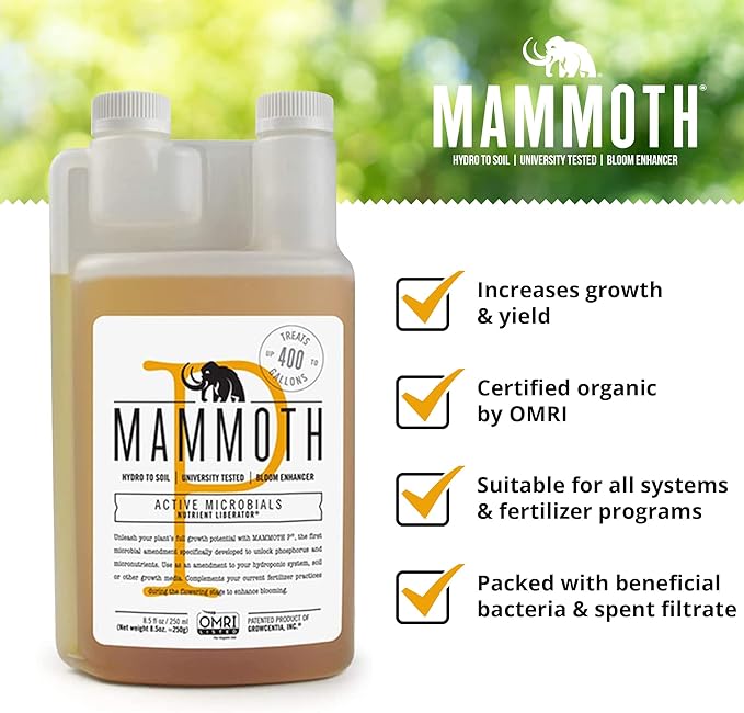 Mammoth Organic Bloom Booster | Mammoth P Organic Fertilizer Microbial Inoculant | 16% Proven Increase in Yield | University Developed and Growers Approved (250 ml)