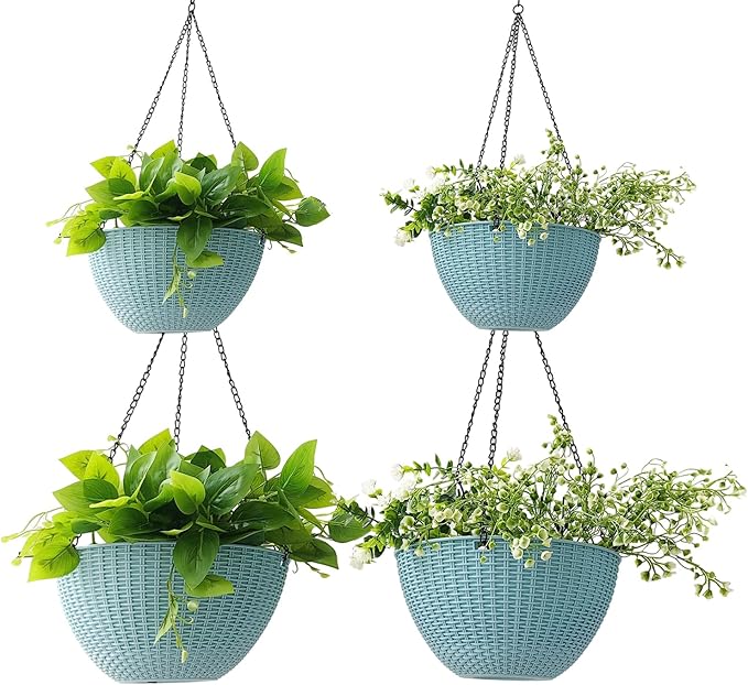 RooTrimmer Hanging Planters for Outdoor Plants 8/10 Inch, 4 Packs Hanging Flower Pot Indoor with Drainage Holes, Self-Watering Hanging Basket Perfect for Home, Office and Garden (Sky Blue)