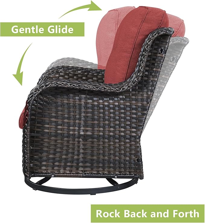 Rilyson Wicker Patio Furniture Set - 4 Piece Rattan Outdoor Sectional Conversation Sets with 2 Swivel Rocking Chairs,2 Ottomans for Porch Deck Garden(Brown/Red)