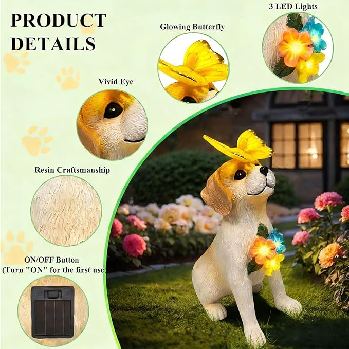 Solar Dog Garden Statues Decor, Outdoor Fairy Dogs Figurines Accessories Decorations with LED Lights Home Patio Balcony Yard Lawn Ornaments, Unique Thanksgiving for Women Dad Friends