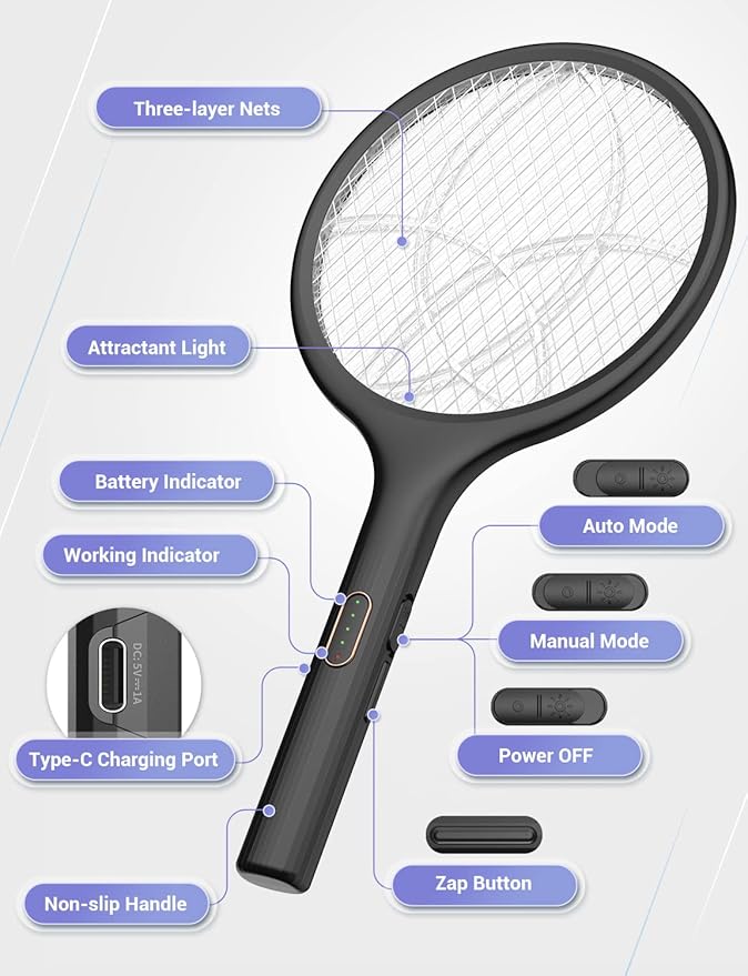 YISSVIC Electric Fly Swatter Bug Zapper Racket Dual Modes Mosquito Killer with Purple Mosquito Light Rechargeable for Indoor Home Office Backyard Patio Camping