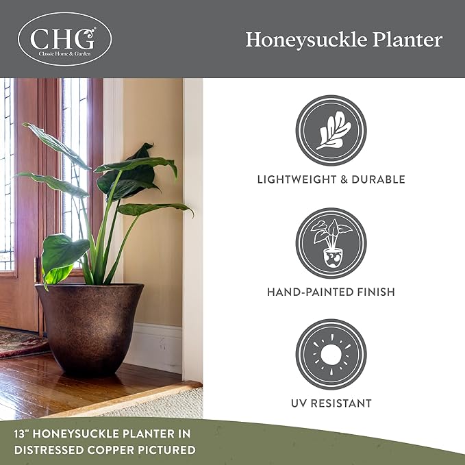 Classic Home and Garden Honeysuckle Resin Planters - Lightweight Indoor & Outdoor Plant Pots - UV-Resistant Plastic Flower Pots - Pot Planters for Flowers & Herbs (13", Blue Jean)