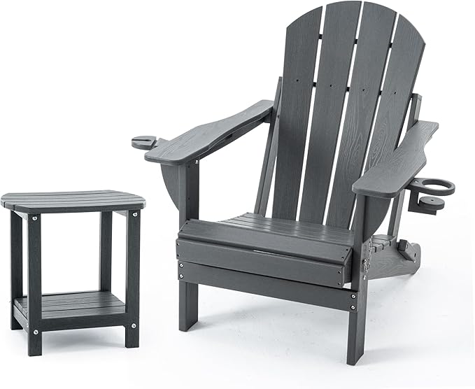 Folding Adirondack Chair Set with Side Table - HDPE Outdoor Patio Chairs, Weatherproof Chair with Reclining Back, Cup & Phone Holder, and 2-Tier Storage End Table for Firepit or Garden (Grey)