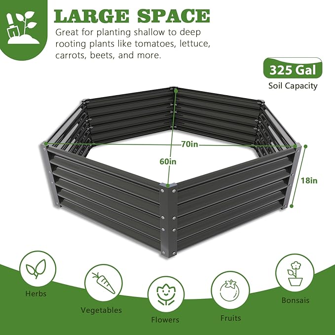A ANLEOLIFE 3 Set Hexagon Galvanized Raised Garden Beds Outdoor,70x60x18in Metal Planter Box for Planting Vegetables Flowers Herb, Anti-Rust & Easy-Setup, Quartz Grey