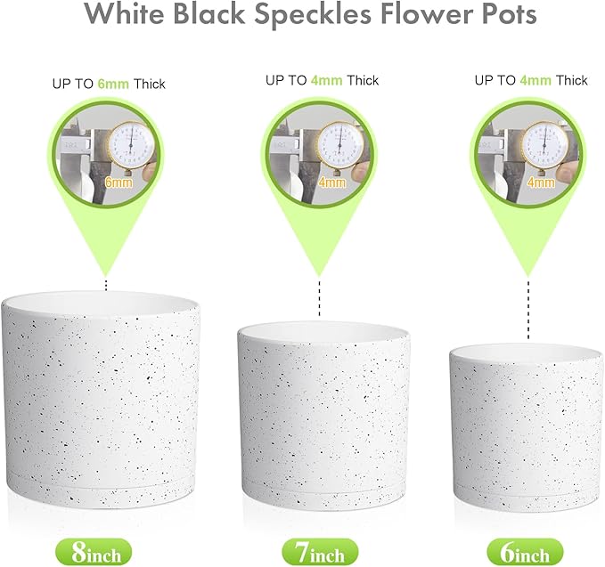 Meowell 8/7/6 inch Flower Pots, 3 Set Cylindrical Plant Pots for Outdoor Indoor Plants, Decorative Plastic Planters with Drainage Holes and Saucers for Garden House Plants, White with Black Speckles