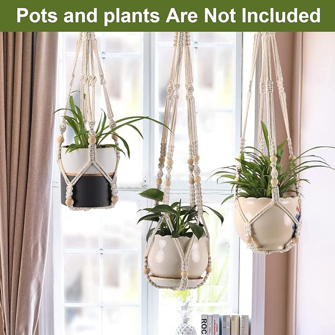 MKO SHUN 3-Pack Macrame Plant Hanger Indoor - Hanging Planter Basket for Indoor Outdoor - Decorative Boho Plant Holders Set with Beads - Ceiling Flower Pot Holder with 6 Hooks - 35"/30"/24" White