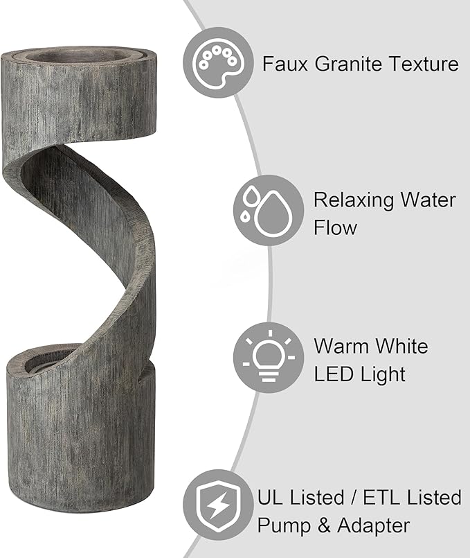 Glitzhome Tiered Outdoor Water Fountain with LED Light, Modern Spiral Outdoor Fountain with Stone Planter, Freestanding Curved Waterfall Fountains for Garden Patio Deck Porch, 40”H