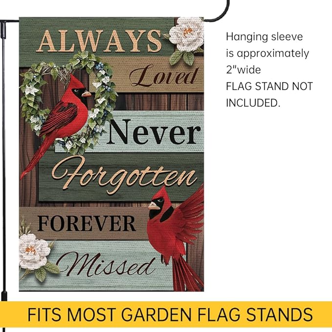 Cardinal Memorial Garden Flag 12x18 Inch Double Sided Outside, Always Loved Never Forgotten Memorial Day Gravesite Saying Yard Outdoor Decoration