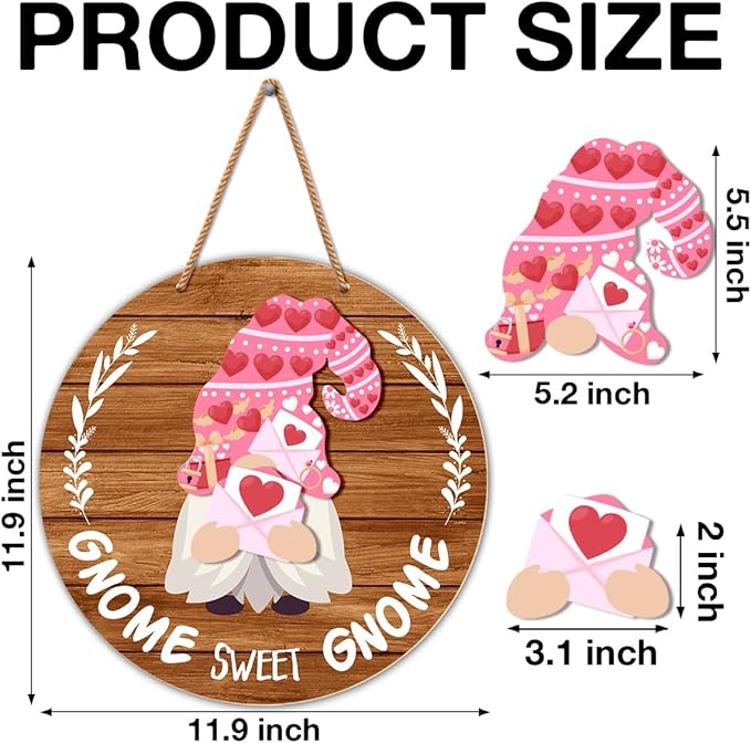 Interchangeable Gnome Welcome Sign Valentine's Day Door Decorations, Changeable Seasonal Front Porch Decor Wood Wreath Gnomes Gifts for Spring Summer Fall Winter All Seasons Holiday, Light Brown