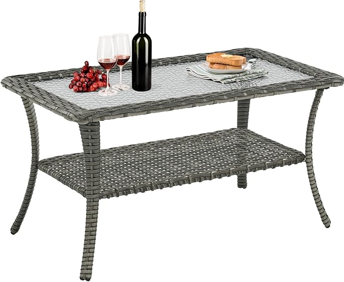 Belord 40 Inch Rectangular Coffee Table - Grey Wicker Outdoor Table with 2-Layer Storage, Tempered Glass Top, Rattan Patio Furniture for Balcony, Porch, Deck