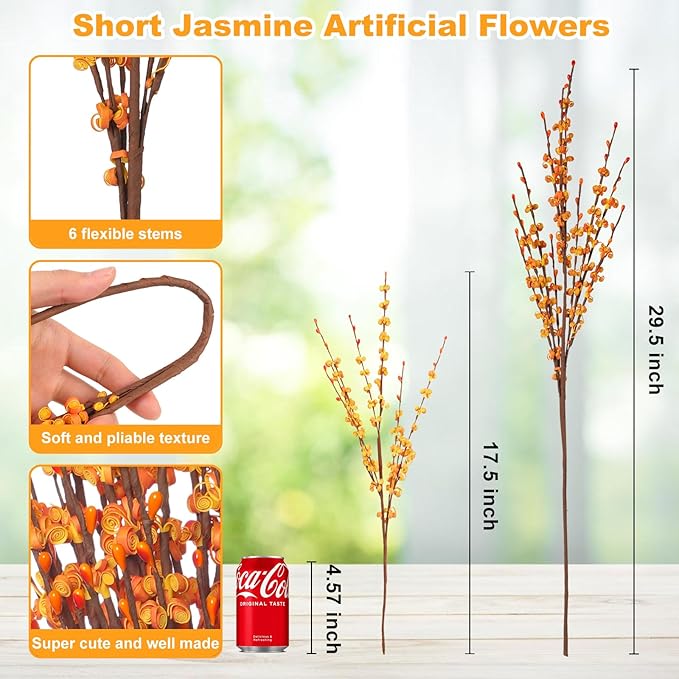 10 Pcs Long Stem Artificial Jasmine Flowers Burnt Orange Jasmine Fall Floral Stems for Wedding Bouquets Dried Autumn Orange Fake Flowers for Vases Home Parties Decor