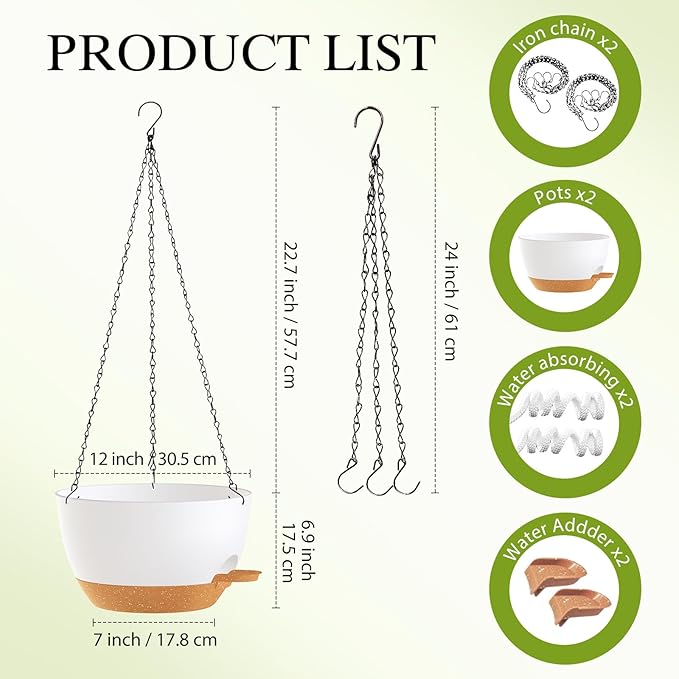 SQKH 12 Inch Hanging Baskets 2 PC with Chains, Self-Watering Hanging Planters for Indoor Outdoor Plants, Plastic Hanging Flower Pots,White Brown