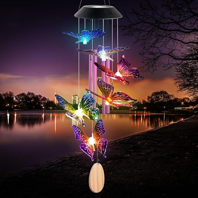Butterfly Mom Gifts for Mothers Day Grandma Gift, Butterfly Solar Wind Chimes for Outside Solar Lights Outdoor Decor Hanging Mobile for Garden Patio Yard Porch Decoraion Birthday Gifts for Women