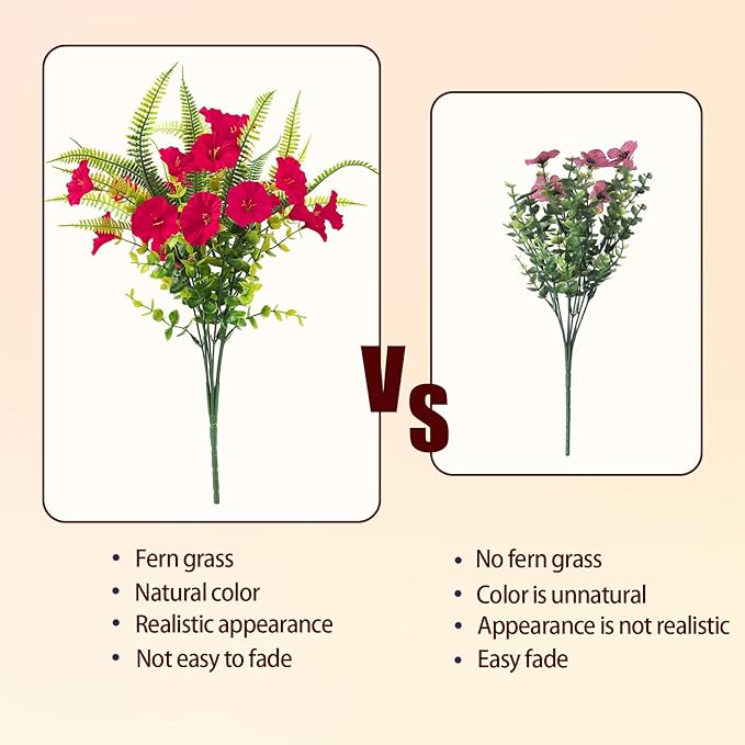 HIAGROW Artificial Flowers Outdoors 12 Bundles Artificial Petunias Fake Flowers UV Resistant Shrubs Plants with Fern for Indoor Outside Hanging Planters Home Garden Summer Decorations(Rose Red)