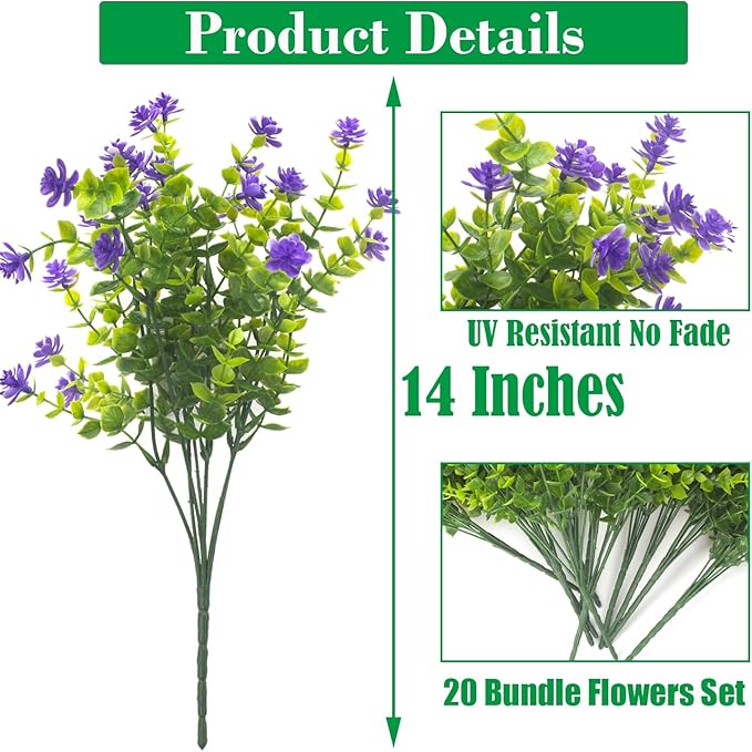Grunyia 20 Bundles Artificial Flowers UV Resistant Fake Flowers No Fade Faux Plants Garden Porch Window Box Decorating (Blue)