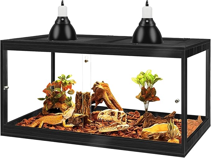 Prolee Tempered Glass Bearded Dragon Tank,Reptile Encloure and Snake Tank with Metal Mesh Roof Door,Locking Design Reptile Tank for Lizard,Gecko,Chameleon (Black, 32 Gallon (32x16x16 Inch))