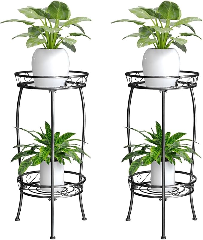 MissYolo 2 Pack Plant Stand Indoor Outdoor, 2 Tier 27" Tall Metal Plant Stand Shelf, Heavy Duty Flower Pot Shelf for Corner, Patio, Garden, Office, Living Room