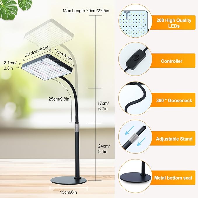 GroCruiser Table Top Grow Light for Seed Starting, Seedlings, Vegetable, Bonsai, 25 Watt Brightest Full Spectrum Desk Plant Lights for Indoor Growing, Adjustable Height 16"-24", Daisy Chain Function
