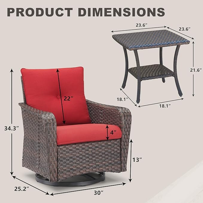 Rilyson Outdoor Patio Swivel Rocker Chairs - 6 PC Wicker Patio Bistro Sets with High Back,Comfy Cushions,Deep Seating and Side Table for Porch Deck Backyard Garden(Brown/Red)
