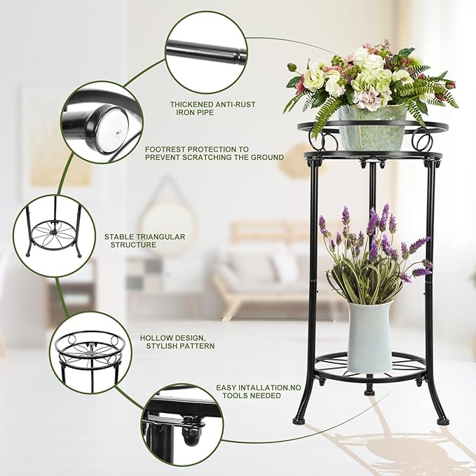 YHIJURS 2 Pack Plant Stand Indoor Outdoor,20.3'' 2-Tier Metal Tall Plant Stands,Flower Pot Holder, Plant Rack, Display Shelf for Home Garden Office Patio Balcony