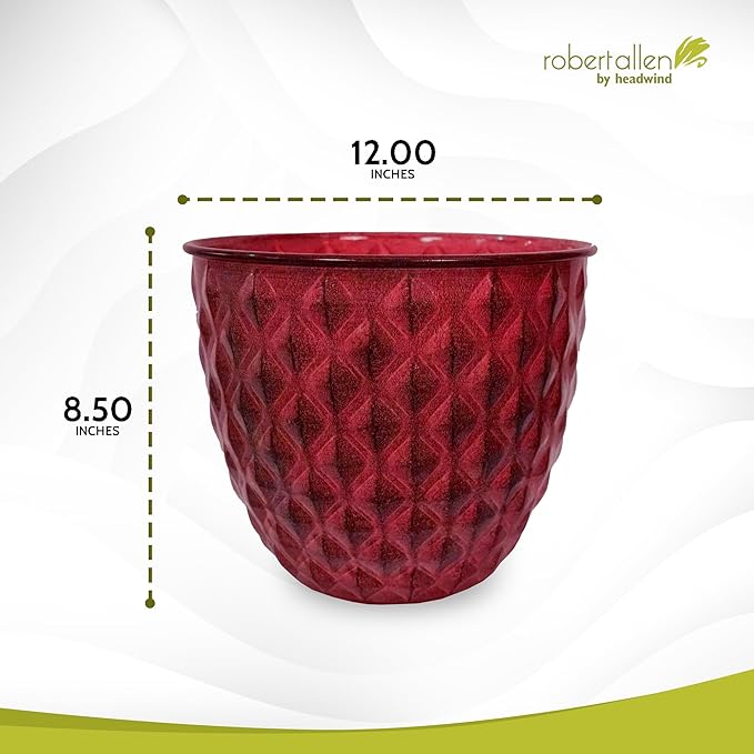 Headwind Glazed Ironstone Diamonte Collection – Crimson Red 12-Inch Decorative Plant Pot, Indoor & Outdoor, Vintage Diamond-Textured, Lightweight & Weather-Resistant for Garden Use by Robert Allen