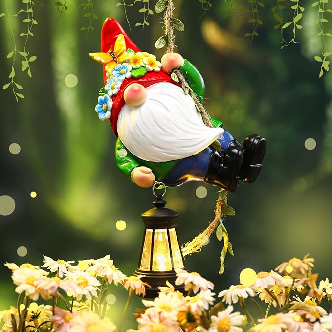 Solar Hanging Gnome Statue 6.3" H Climbing Gnomes with LED Lantern Hook Waterproof Hanging Gnomes Outdoor Decor Tree Yard Porch Wall Decoration Birthday Gift for Mom Women